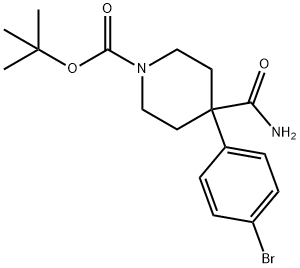 1-Piperidinecarboxylic acid, 4-(aminocarbonyl)-4-(4-bromophenyl)-, 1,1-dimethylethyl ester Struktur