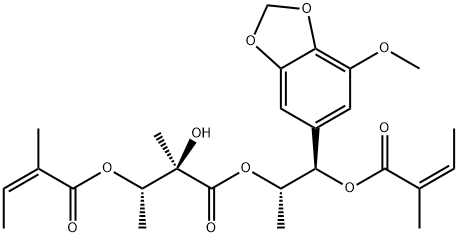 2-Butenoic acid, 2-methyl-, (1S,2R)-2-hydroxy-3-[(1S,2R)-2-(7-methoxy-1,3-benzodioxol-5-yl)-1-methyl-2-[[(2Z)-2-methyl-1-oxo-2-buten-1-yl]oxy]ethoxy]-1,2-dimethyl-3-oxopropyl ester, (2Z)- Struktur