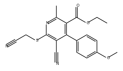 3-Pyridinecarboxylic acid, 5-cyano-6-[(cyanomethyl)thio]-4-(4-methoxyphenyl)-2-methyl-, ethyl ester Struktur