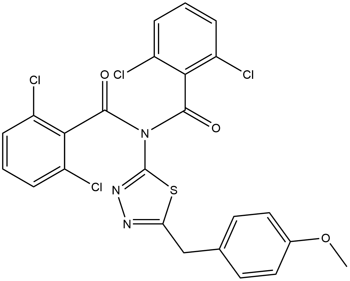 2,6-dichloro-N-(2,6-dichlorobenzoyl)-N-[5-[(4-methoxyphenyl)methyl]-1,3,4-thiadiazol-2-yl]benzamide Struktur