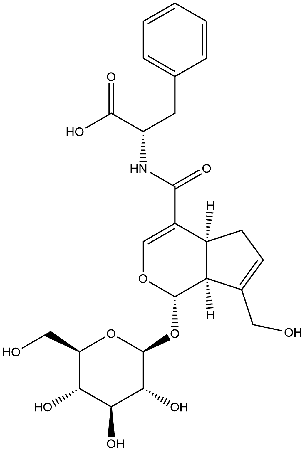 L-Phenylalanine, N-[[(1S,4aS,7aS)-1-(β-D-glucopyranosyloxy)-1,4a,5,7a-tetrahydro-7-(hydroxymethyl)cyclopenta[c]pyran-4-yl]carbonyl]- Struktur