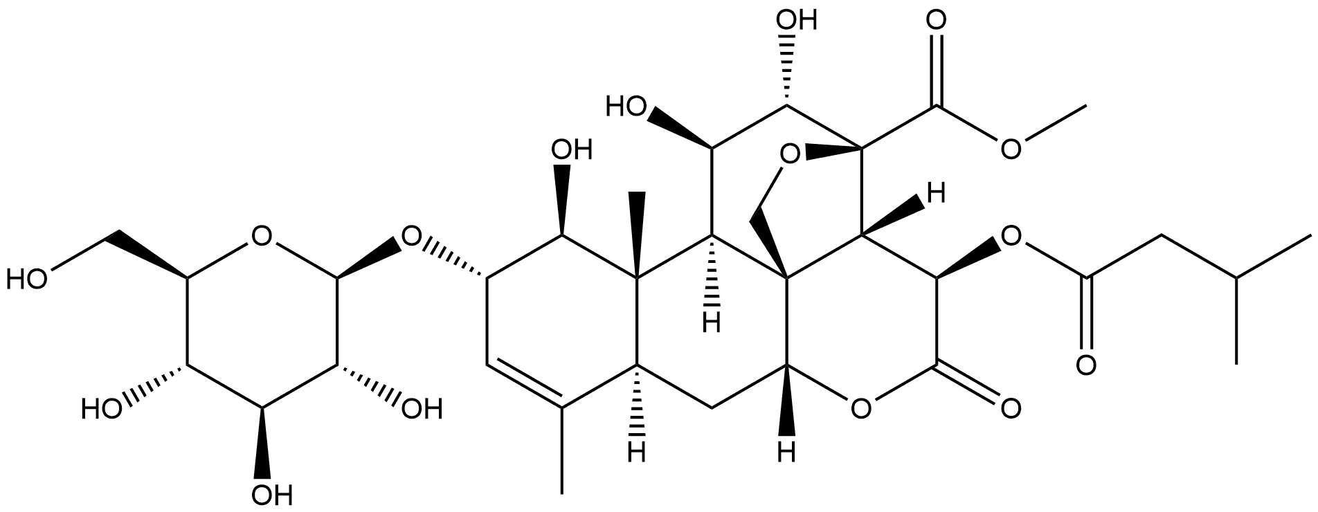 Picras-3-en-21-oic acid, 13,20-epoxy-2-(β-D-glucopyranosyloxy)-1,11,12-trihydroxy-15-(3-methyl-1-oxobutoxy)-16-oxo-, methyl ester, (1β,2α,11β,12α,15β)- (9CI) Struktur