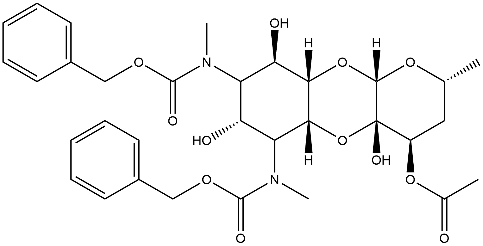 Carbamic acid, [4-(acetyloxy)decahydro-4a,7,9-trihydroxy-2-methyl-2H-pyrano[2,3-b][1,4]benzodioxin-6,8-diyl]bis[methyl-, bis(phenylmethyl) ester, [2R-(2α,4β,4aβ,5aβ,6α,7α,8α,9β,9aβ,10aβ)]- (9CI) Struktur