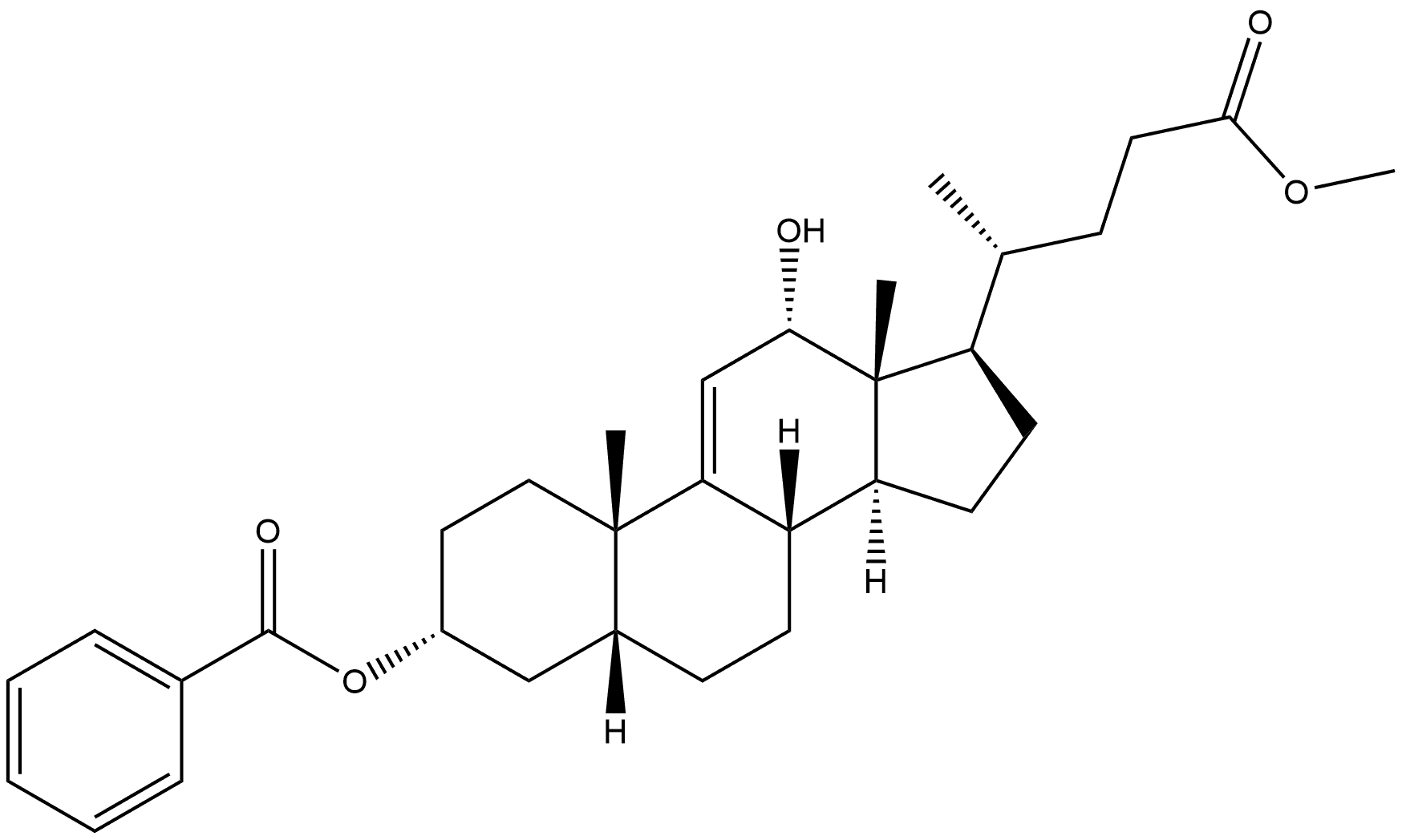 Chol-9(11)-en-24-oic acid, 3-(benzoyloxy)-12-hydroxy-, methyl ester, (3α,5β,12α)- Struktur