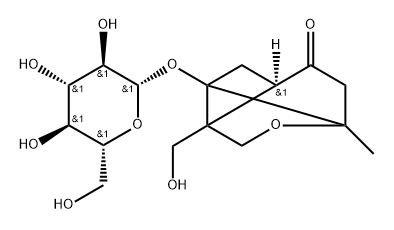 7-Oxatricyclo[4.3.0.03,9]nonan-4-one, 1-(β-D-glucopyranosyloxy)-9-(hydroxymethyl)-6-methyl-, (1R,3R,6S,9R)- Struktur