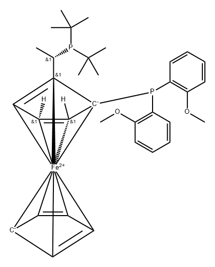 Ferrocene, 1-[(1S)-1-[bis(1,1-dimethylethyl)phosphino]ethyl]-2-[bis(2-methoxyphenyl)phosphino]-, (2S)- Struktur