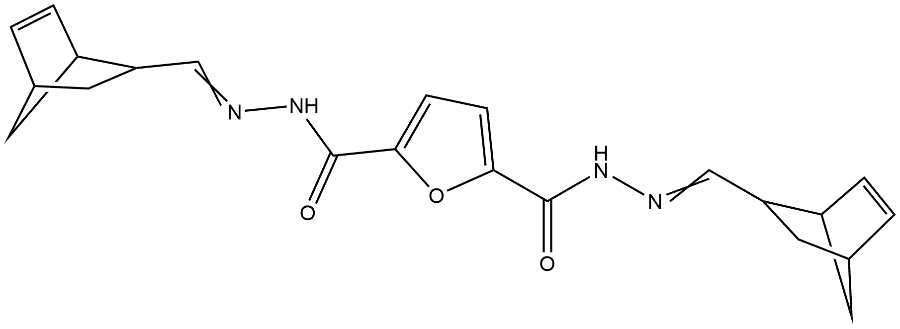 2-N,5-N-bis[(E)-5-bicyclo[2.2.1]hept-2-enylmethylideneamino]furan-2,5-dicarboxamide Struktur