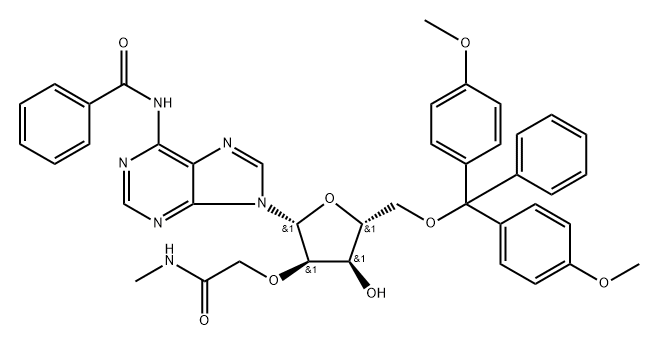 Adenosine, N-benzoyl-5'-O-[bis(4-methoxyphenyl)phenylmethyl]-2'-O-[2-(methylamino)-2-oxoethyl]- Struktur