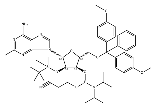 2'-O-tert-Butyldimethylsilyl-5'-O-DMT-C2-methyladenosine 3'-CE phosphoramidite Struktur