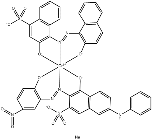 Trisodium (6-anilino-2-(5-nitro-2-oxidophenylazo)-3-sulfonato-1-naphtholato)(4-sulfonato-1,1'-azodi-2,2'-naphtholato)chromate(1-) Struktur