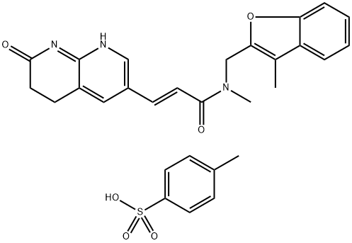 2-Propenamide, N-methyl-N-[(3-methyl-2-benzofuranyl)methyl]-3-(5,6,7,8-tetrahydro-7-oxo-1,8-naphthyridin-3-yl)-, (2E)-, 4-methylbenzenesulfonate, hydrate (1:1:1) Struktur