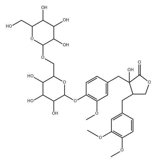 2(3H)-Furanone, 4-[(3,4-dimethoxyphenyl)methyl]-3-[[4-[(6-O-β-D-glucopyranosyl-β-D-glucopyranosyl)oxy]-3-methoxyphenyl]methyl]dihydro-3-hydroxy-, (3S,4S)- Struktur