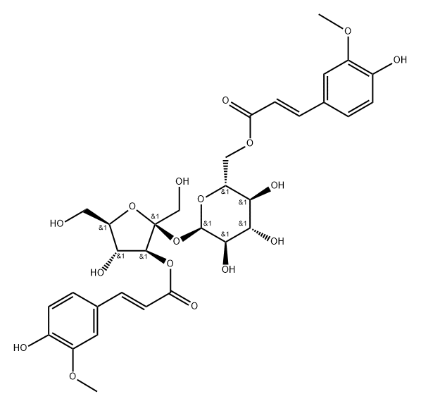 α-D-Glucopyranoside, 3-O-[(2E)-3-(4-hydroxy-3-methoxyphenyl)-1-oxo-2-propen-1-yl]-β-D-fructofuranosyl, 6-[(2E)-3-(4-hydroxy-3-methoxyphenyl)-2-propenoate] Struktur