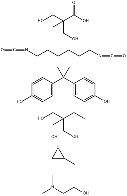 Propanoic acid, 3-hydroxy-2-(hydroxymethyl)-2-methyl-, polymer with 1,6-diisocyanatohexane, 2-ethyl-2-(hydroxymethyl)-1,3-propanediol, 4,4'-(1-methylethylidene)bis[phenol] and methyloxirane, compd. with 2-(dimethylamino)ethanol Struktur