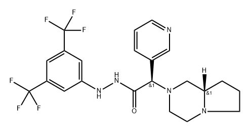 Pyrrolo[1,2-a]pyrazine-2(1H)-acetic acid, hexahydro-α-3-pyridinyl-, 2-[3,5-bis(trifluoromethyl)phenyl]hydrazide, (αR,8aS)- Struktur