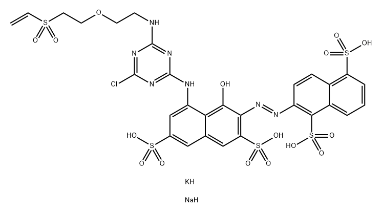 potassium sodium 5'-(6-chloro-4-(2-(2-vinylsulfonylethoxy)ethylamino)-1,3,5-triazin-2-ylamino)-4'-hydroxy-2,3'-azodinaphthalene-1,2',5,7'-disulfonate Struktur