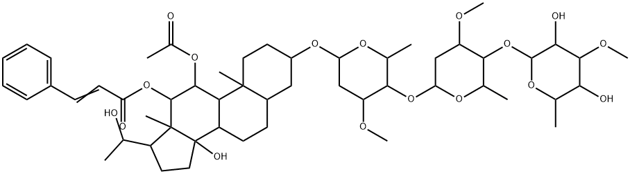 Pregnane-11,12,14,20-tetrol, 3-[(O-6-deoxy-3-O-methyl-β-D-allopyranosyl-(1→4)-O-2,6-dideoxy-3-O-methyl-β-D-arabino-hexopyranosyl-(1→4)-2,6-dideoxy-3-O-methyl-β-D-ribo-hexopyranosyl)oxy]-, 11-acetate 12-(3-phenyl-2-propenoate), (3β,11α,12β,14β)- (9CI) Struktur