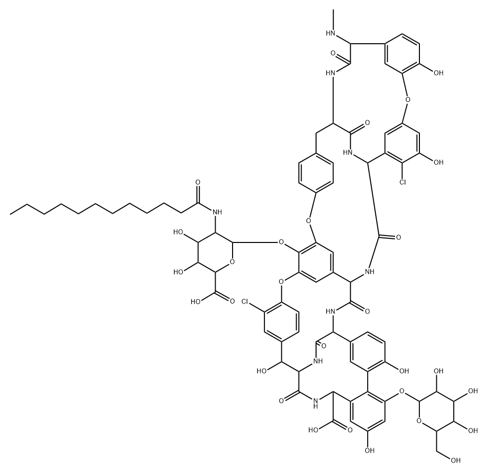 Ristomycin A aglycone, 5,31-dichloro-7-demethyl-64-O-demethyl-19-deoxy-56-O-[2-deoxy-2-[(1-oxododecyl)amino]-β-D-glucopyranuronosyl]-42-O-α-D-mannopyranosyl-N15-methyl- Struktur