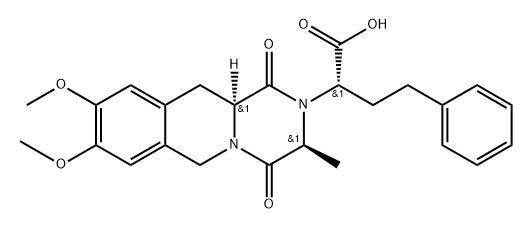 2H-Pyrazino[1,2-b]isoquinoline-2-acetic acid, 1,3,4,6,11,11a-hexahydro-8,9-dimethoxy-3-methyl-1,4-dioxo-α-(2-phenylethyl)-, (αS,3S,11aS)- Struktur