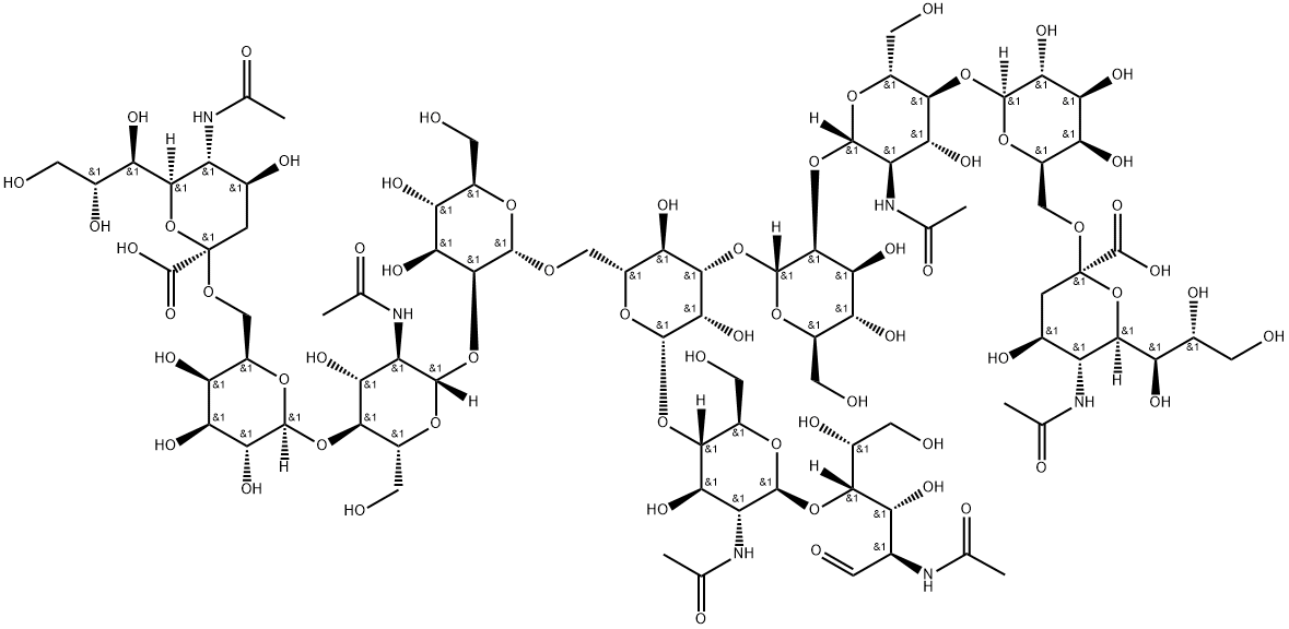 Neu5Acalpha2-6Galbeta1-4GlcNAcbeta1-2Manalpha1-3(Neu5Acalpha2-3Galbeta1-4GlcNAcbeta1-2Manalpha1-6)Manbeta1-4GlcNAcbeta1-4GlcNAc Struktur