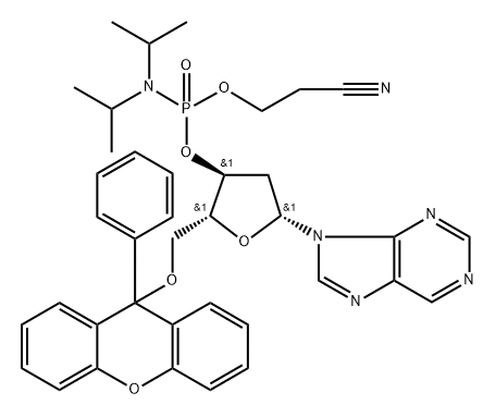 3'-O-((N,N-diisopropylamino)(2-cyanoethoxy)phosphinyl)-5'-O-(9-phenylxanthen-9-yl)-2'-deoxynebularine Struktur