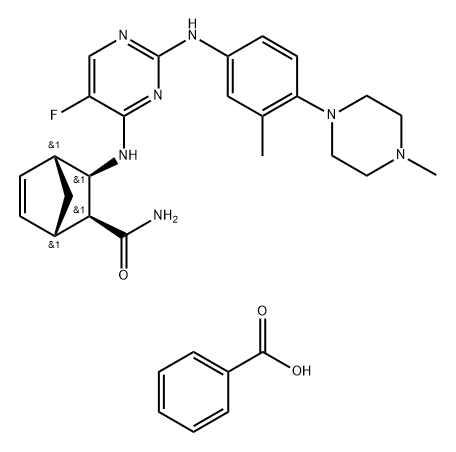 Bicyclo[2.2.1]hept-5-ene-2-carboxamide, 3-[[5-fluoro-2-[[3-methyl-4-(4-methyl-1-piperazinyl)phenyl]amino]-4-pyrimidinyl]amino]-, (1S,2S,3R,4R)-, benzoate (1:1) Struktur