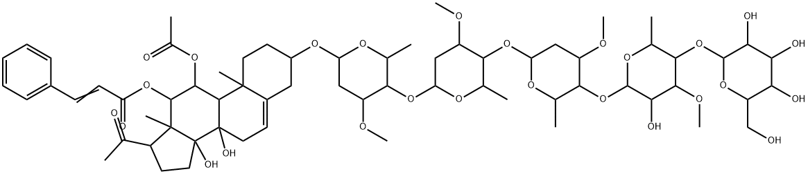 Pregn-5-en-20-one, 11-(acetyloxy)-3-[(O-β-D-glucopyranosyl-(1→4)-O-6-deoxy-3-O-methyl-β-D-allopyranosyl-(1→4)-O-2,6-dideoxy-3-O-methyl-β-D-arabino-hexopyranosyl-(1→4)-O-2,6-dideoxy-3-O-methyl-β-D-ribo-hexopyranosyl-(1→4)-2,6-dideoxy-3-O-methyl-β-D-ribo-hexopyranosyl)oxy]-8,14-dihydroxy-12-[(1-oxo-3-phenyl-2-propenyl)oxy]-, (3β,11α,12β,14β)- Struktur