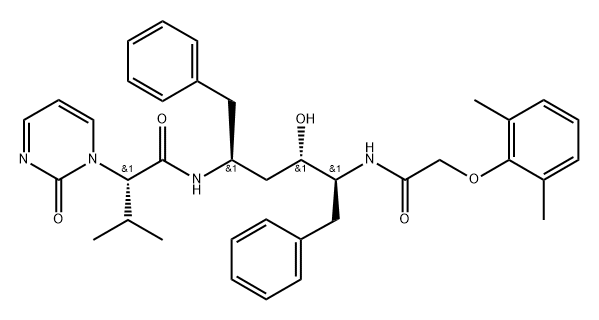 1(2H)-Pyrimidineacetamide, N-[(1S,3S,4S)-4-[[2-(2,6-dimethylphenoxy)acetyl]amino]-3-hydroxy-5-phenyl-1-(phenylmethyl)pentyl]-α-(1-methylethyl)-2-oxo-, (αS)- Struktur