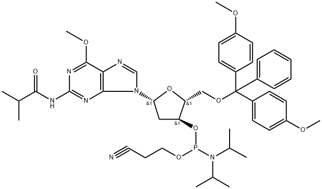 Guanosine, 5'-O-[bis(4-methoxyphenyl)phenylmethyl]-2'-deoxy-6-O-methyl-N-(2-methyl-1-oxopropyl)-, 3'-[2-cyanoethyl bis(1-methylethyl)phosphoramidite] (9CI) Struktur