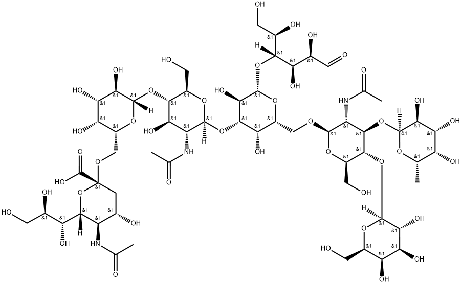 O-(N-acetyl-a-neuraminosyl)-(2->6)-O-b-D-galactopyranosyl-(1->4)-O-2-(acetylamino)-2-deoxy-b-D-glucopyranosyl-(1->3)-O-[O-6-deoxy-a-L-galactopyranosyl-(1->3)-O-[b-D-galactopyranosyl-(1->4)]-2-(acetylamino)-2-deoxy-b-D-glucopyranosyl-(1->6)]-O-b-D-mannopyr Struktur