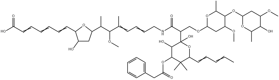 Benzeneacetic acid, 2-[2-[[7-[5-(6-carboxy-1,3,5-hexatrienyl)tetrahydro-4-hydroxy-2-furanyl]-6-methoxy-5-methyl-2,4-octadienyl]amino]-1-[[[2,6-dideoxy-4-O-(2,6-dideoxy-3-O-methyl-α-L-lyxo-hexopyranosyl)-3-O-methyl-α-L-lyxo-hexopyranosyl]oxy]methyl]-2-oxoethyl]tetrahydro-2,3-dihydroxy-5,5-dimethyl-6-(1,3-pentadienyl)-2H-pyran-4-yl ester Struktur