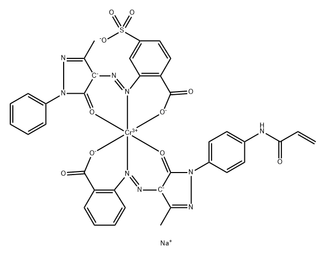 Chromate(2-), [2-[[4,5-dihydro-3-methyl-5-oxo-1-[4-[(1-oxo-2-propenyl)amino]phenyl]-1H-pyrazol-4-yl]azo]benzoato(2-)][2-[(4,5-dihydro-3-methyl-5-oxo-1-phenyl-1H-pyrazol-4-yl)azo]-4-sulfobenzoato(3-)]-, disodium Struktur