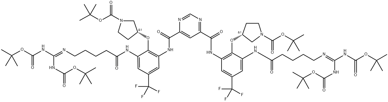 1-?Pyrrolidinecarboxyli?c acid, 3,?3'-?[4,?6-?pyrimidinediylbis[ca?rbonylimino[6-?[[5-?[[bis[[(1,?1-?dimethylethoxy)?carbonyl]?amino]?methylene]?amino]?-?1-?oxopentyl]?amino]?-?4-?(trifluoromethyl)?-?2,?1-?phenylene]?oxy]?]?bis-?, 1,?1'-?bis(1,?1-?dimethylethyl) ester, (3R,?3'R)?- Struktur