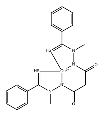 Copper, [[propanedioic acid 1,3-bis[2-methyl-2-[phenyl(thioxo-κS)methyl]hydrazidato-κN1]](2-)]-, (SP-4-2)- Struktur