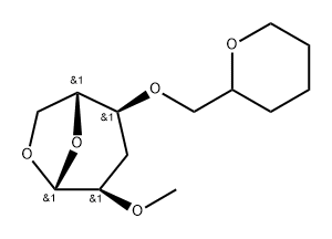 .beta.-D-ribo-Hexopyranose, 1,6-anhydro-3-deoxy-2-O-methyl-4-O-(tetrahydro-2H-pyran-2-yl)methyl- Struktur