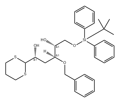 D-ribo-Hexose, 3-deoxy-6-O-(1,1-dimethylethyl)diphenylsilyl-4-O-(phenylmethyl)-, cyclic 1,3-propanediyl dithioacetal Struktur