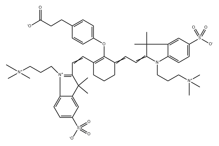 3H-Indolium, 2-[2-[2-[4-(2-carboxyethyl)phenoxy]-3-[2-[1,3-dihydro-3,3-dimethyl-5-sulfo-1-[3-(trimethylammonio)propyl]-2H-indol-2-ylidene]ethylidene]-1-cyclohexen-1-yl]ethenyl]-3,3-dimethyl-5-sulfo-1-[3-(trimethylammonio)propyl]-, tris(inner salt) Struktur