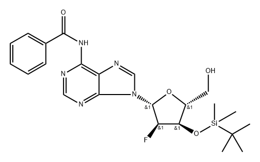 Adenosine, N-benzoyl-2'-deoxy-3'-O-[(1,1-dimethylethyl)dimethylsilyl]-2'-fluoro- Struktur