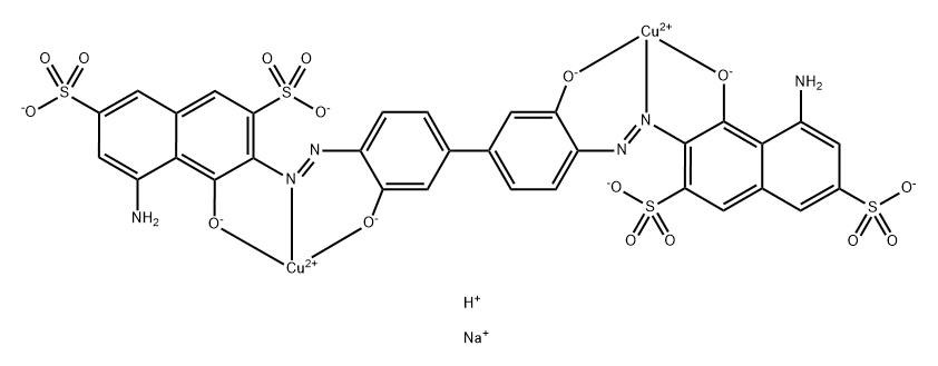 Cuprate (4-), [m-[[3,3’-[3,3’-di(hydroxy-kO)[1,1’-biphenyl]-4,4’-diyl]bis(2,1-diazenediyl-kN1)]bis[5-amino-4-(hydroxy-kO)-2,7-naphthalenedisulfonato]](8-)]]di-sodium hydrogen (1:2:2) Struktur