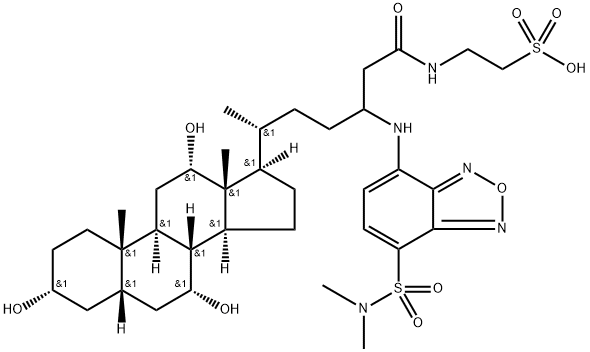 Ethanesulfonic acid, 2-[[(3α,5β,7α,12α)-24-[[7-[(dimethylamino)sulfonyl]-2,1,3-benzoxadiazol-4-yl]amino]-3,7,12-trihydroxy-26-oxo-27-norcholestan-26-yl]amino]- Struktur