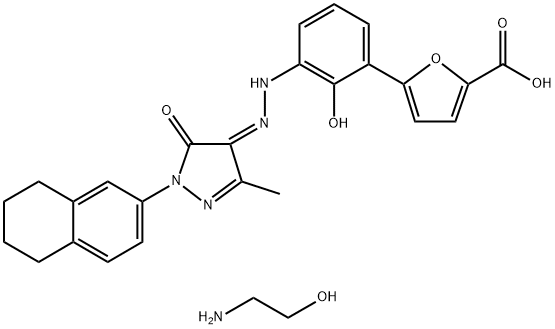 2-Furancarboxylic acid, 5-[3-[(2Z)-2-[1,5-dihydro-3-methyl-5-oxo-1-(5,6,7,8-tetrahydro-2-naphthalenyl)-4H-pyrazol-4-ylidene]hydrazinyl]-2-hydroxyphenyl]-, compd. with 2-aminoethanol (1:2) Struktur