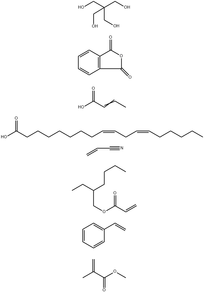 2-Propenoic acid, 2-methyl-, methyl ester, polymer with 2,2-bis(hydroxymethyl)-1,3-propanediol polymer with 1,3-isobenzofurandione 2-butenoate (Z,Z)-octadecadienoate, ethenylbenzene, 2-ethylhexyl 2-propenoate and 2-propenenitrile Struktur