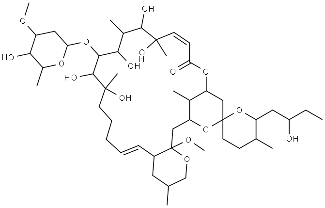 Spiro[21,25-methano-2H,19H,23H-pyrano[2,3-h][1,5]dioxacyclotetracosin-23,2′-[2H]pyran]-19-one, 12-[(2,6-dideoxy-3-O-methyl-β-D-ribo-hexopyranosyl)oxy]-3,3′,4,4′,4a,5′,6′,7,8,9,10,11,12,13,14,15,16,21,22,25,26,26a-docosahydro-10,11,13,15,16-pentahydroxy-6′-[(2R)-2-hydroxybutyl]-26a-methoxy-3,5′,10,14,16,27-hexamethyl-, (3S,4aS,5E,5′S,6′S,10R,11R,12S,13R,14R,15S,16R,17E,21S,23R,25S,26aS,27R)- Struktur