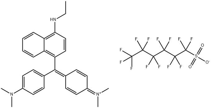 Methanaminium, N-[4-[[4-(dimethylamino)phenyl][4-(ethylamino)-1-naphthalenyl]methylene]-2,5-cyclohexadien-1-ylidene]-N-methyl-, 1,1,2,2,3,3,4,4,5,5,6,6,6-tridecafluoro-1-hexanesulfonate (1:1) Struktur