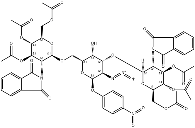 4-Nitrophenyl O-3,4,6-tri-O-acetyl-2-deoxy-2-(1,3-dihydro-1,3-dioxo-2H-isoindol-2-yl)-β-D-glucopyranosyl-(1→3)-O-[3,4,6-tri-O-acetyl-2-deoxy-2-(1,3-dihydro-1,3-dioxo-2H-isoindol-2-yl)-β-D-glucopyranosyl-(1→6)]-2-azido-2-deoxy-α-D-galactopyranoside Struktur