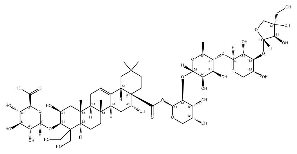 β-D-Glucopyranosiduronic acid, (2β,3β,16α)-28-[(O-D-apio-β-D-furanosyl-(1→3)-O-β-D-xylopyranosyl-(1→4)-O-6-deoxy-α-L-mannopyranosyl-(1→2)-α-D-arabinopyranosyl)oxy]-2,16,23,24-tetrahydroxy-28-oxoolean-12-en-3-yl Struktur