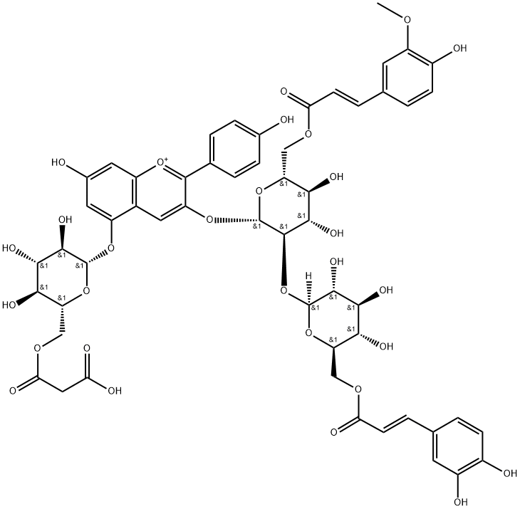 Pelargonidin 3-O-[6-O-(E)-Ferulyl-2-O-{6-O-(E)-Caffeoyl-β-D-glucoside}-β-D-glucoside]-5-O-(6-O-malonyl）-β-D-glucoside Struktur