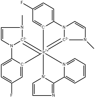 Bis(1-(4-fluorophenyl)-3-MethyliMdazoline-2-ylidene-C,C2')(2-(1H-iMidazol-2-yl)pyridine)IridiunM(III Struktur