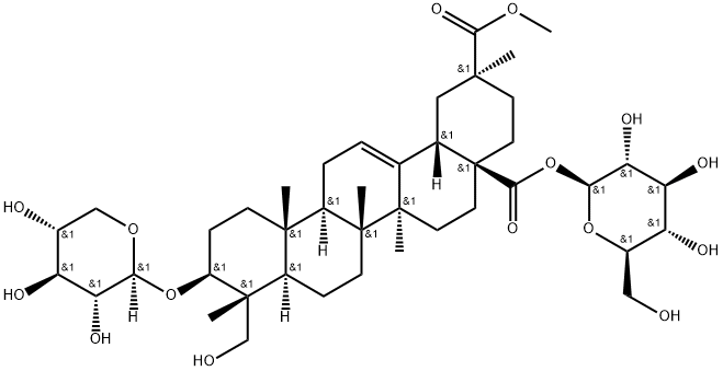 Olean-12-ene-28,29-dioic acid, 23-hydroxy-3-(β-D-xylopyranosyloxy)-, 28-β-D-glucopyranosyl 29-methyl ester, (3β,4α,20β)- Struktur