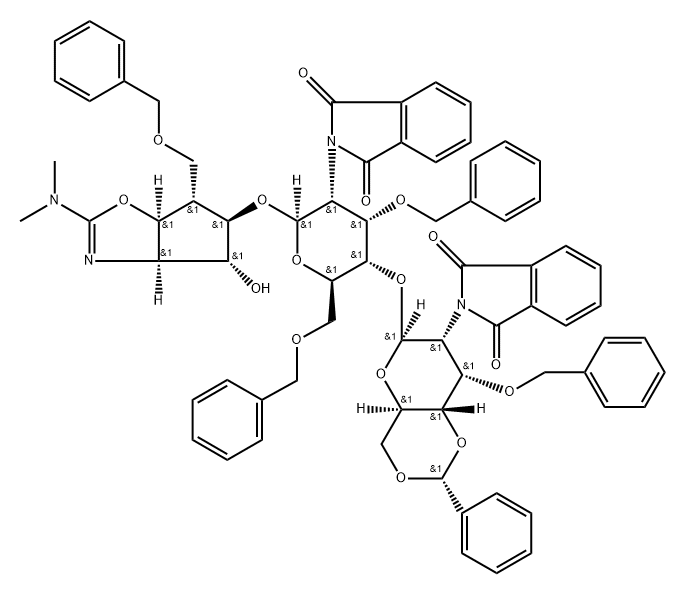 .beta.-D-Allopyranoside, 2-(dimethylamino)-3a,5,6,6a-tetrahydro-4-hydroxy-6-(phenylmethoxy)methyl-4H-cyclopentoxazol-5-yl 2-deoxy-4-O-2-deoxy-2-(1,3-dihydro-1,3-dioxo-2H-isoindol-2-yl)-3-O-(phenylmethyl)-4,6-O-(phenylmethylene)-.beta.-D-allopyranosyl-2-(1 Struktur